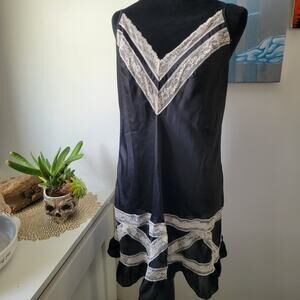 Victoria’s Secret Black Satin Lace Nightgown Slip Size L Sheer Adjustable Straps